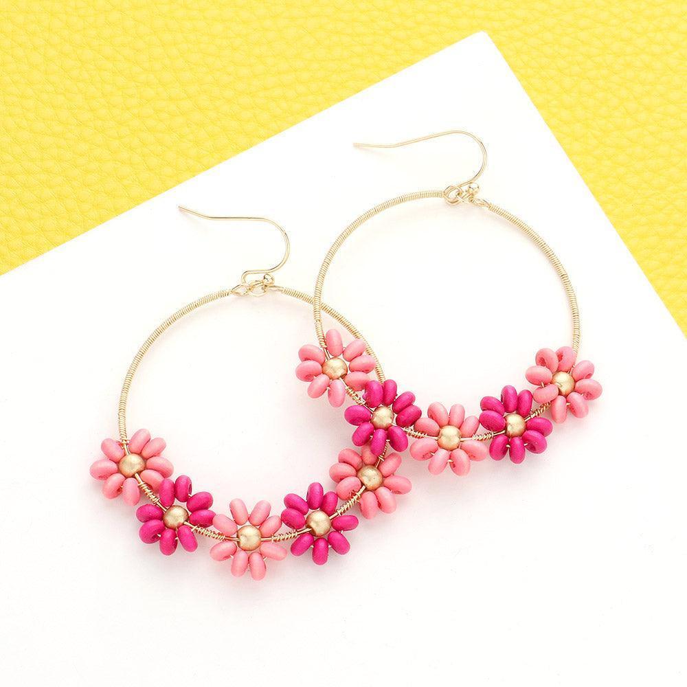 Fuchsia Wood Beaded Flower Accented Open Metal Dangle Earrings - Jewelry Store by Erik Rayo