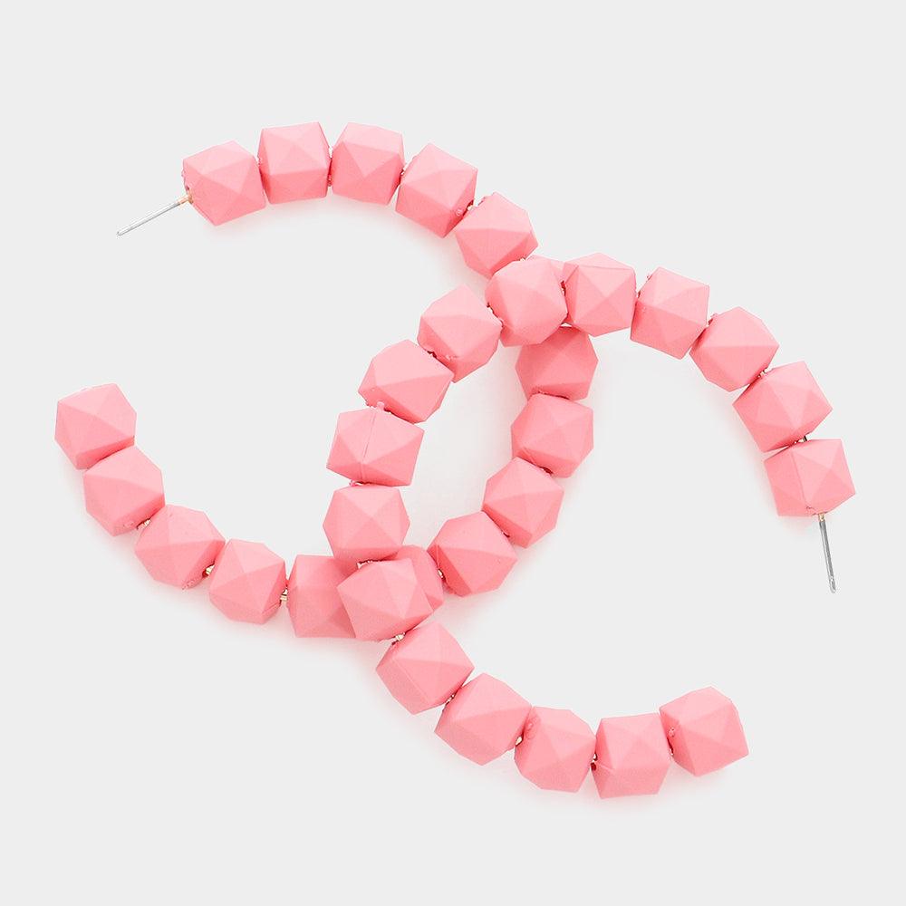 Pink Colored Faceted Ball 2.6 Inch Hoop Earrings