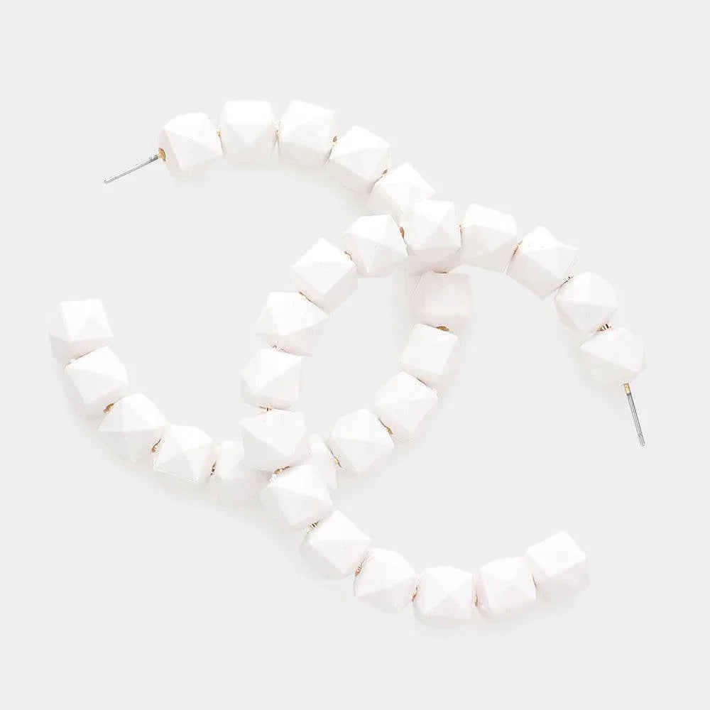 White Colored Faceted Ball 2.6 Inch Hoop Earrings - Jewelry Store by Erik Rayo