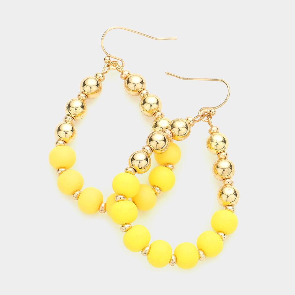 Yellow Colored Ball Pointed Open Teardrop Dangle Earrings