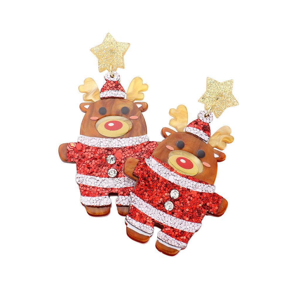 Brown Glittered Resin Star Santa Claus Rudolph Dangle Earrings - Jewelry Store by Erik Rayo
