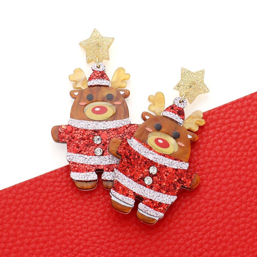 Brown Glittered Resin Star Santa Claus Rudolph Dangle Earrings - Jewelry Store by Erik Rayo