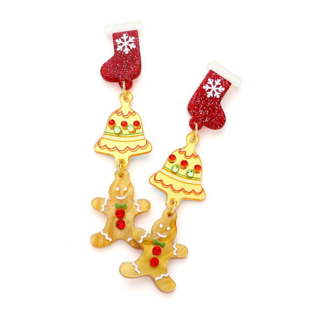 Celluloid Acetate Christmas Socks Tree Gingerman Dangle Earrings - Jewelry Store by Erik Rayo