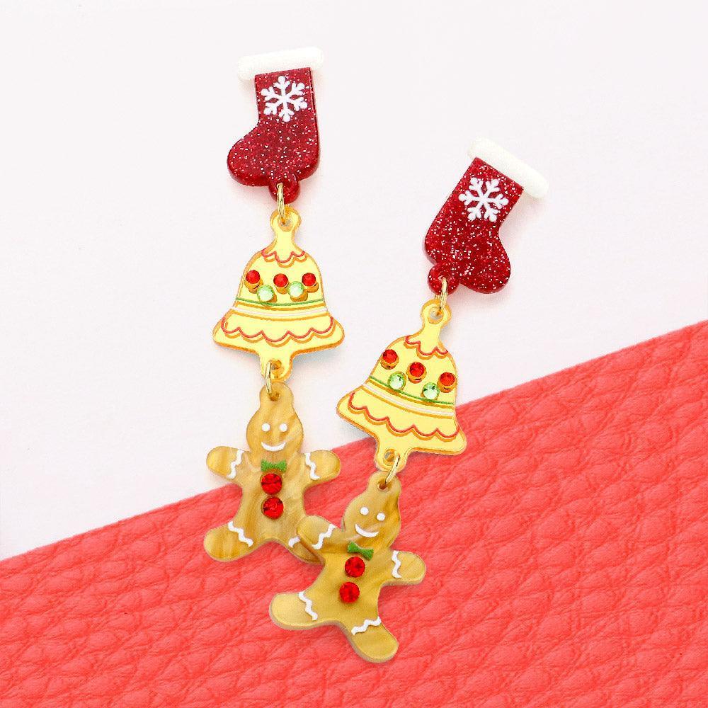 Celluloid Acetate Christmas Socks Tree Gingerman Dangle Earrings - Jewelry Store by Erik Rayo