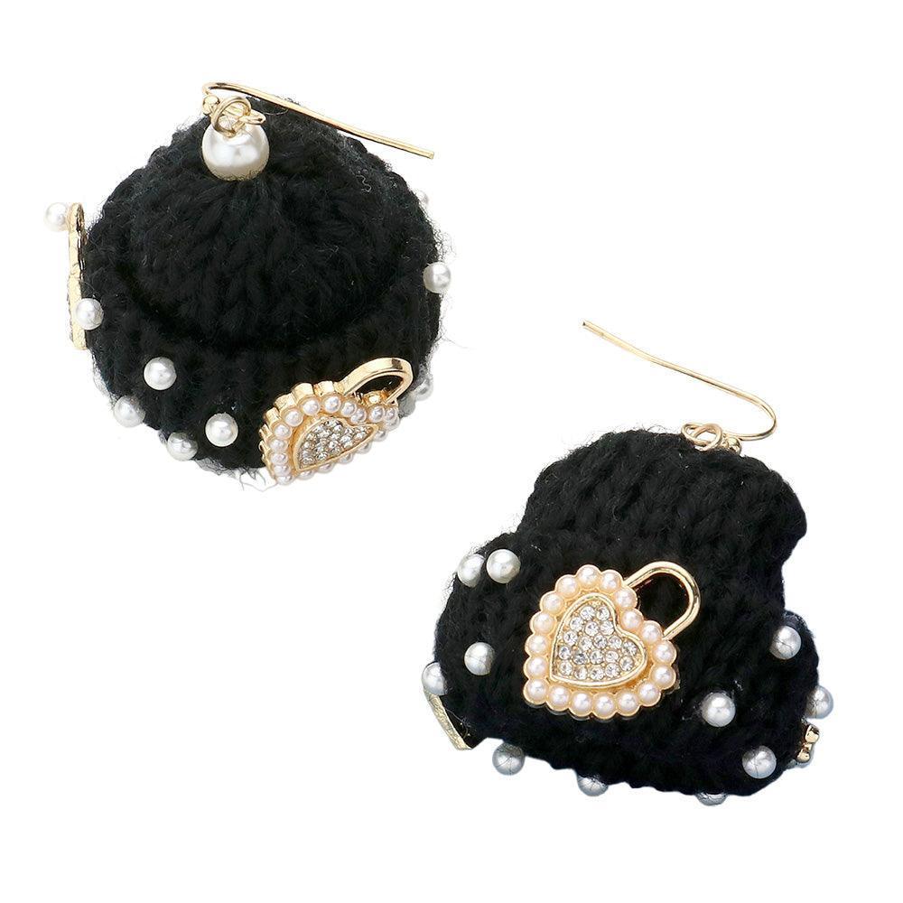 Black Pearl Key Heart Lock Embellished Knit Beanie Hat Dangle Earrings - Jewelry Store by Erik Rayo