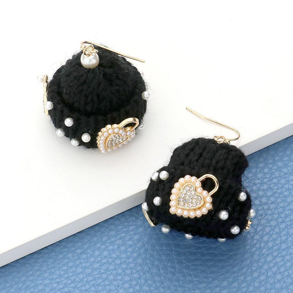 Black Pearl Key Heart Lock Embellished Knit Beanie Hat Dangle Earrings - Jewelry Store by Erik Rayo