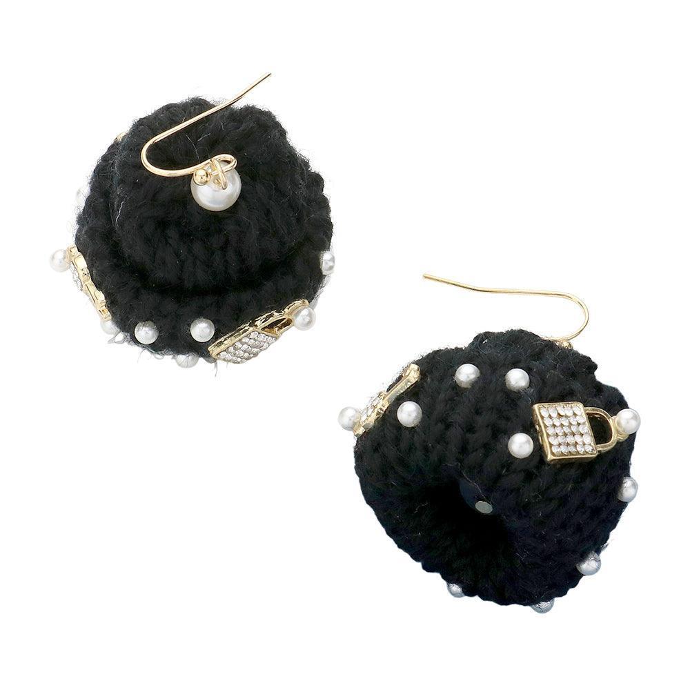 Black Pearl Key Lock Embellished Knit Beanie Hat Dangle Earrings - Jewelry Store by Erik Rayo