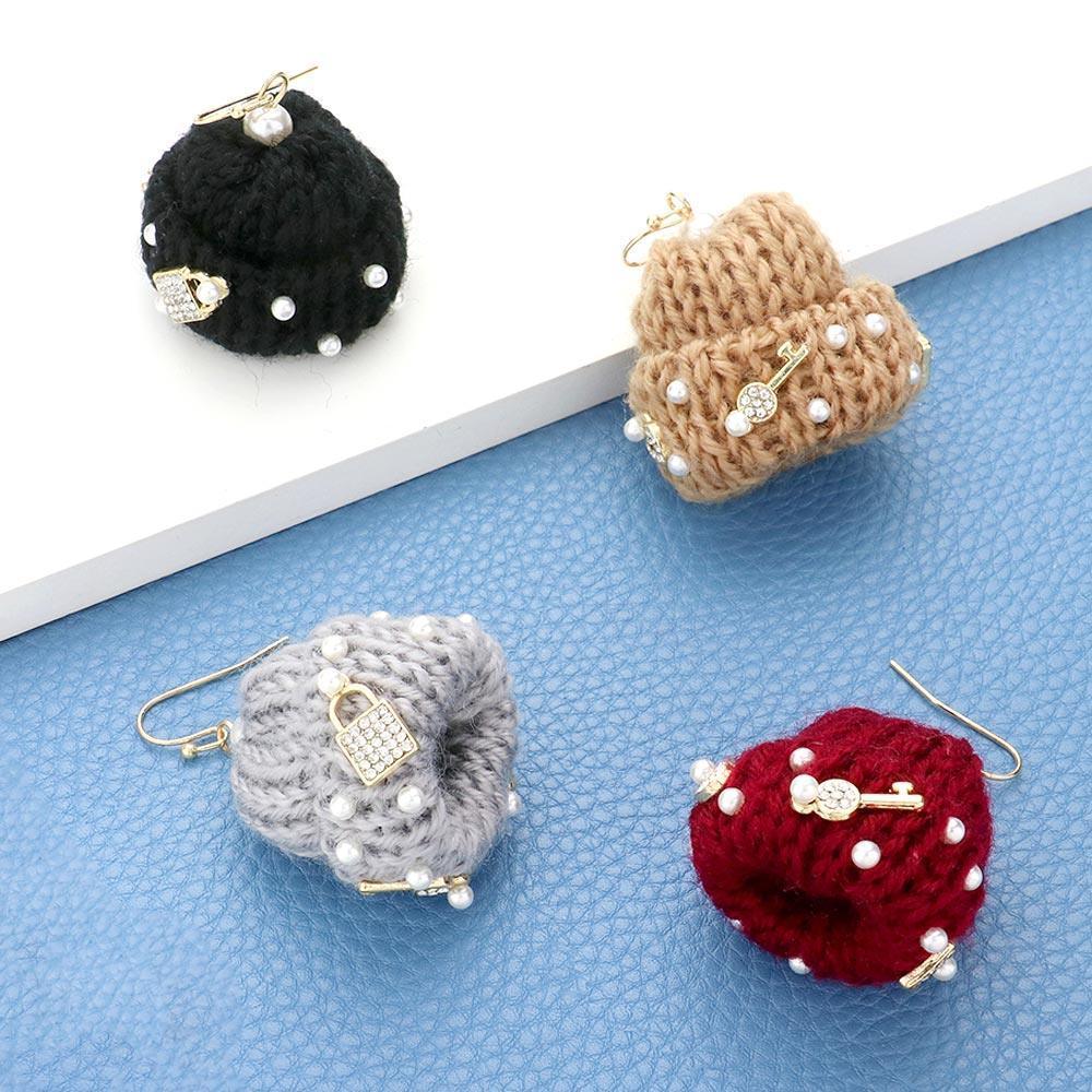 Black Pearl Key Lock Embellished Knit Beanie Hat Dangle Earrings - Jewelry Store by Erik Rayo
