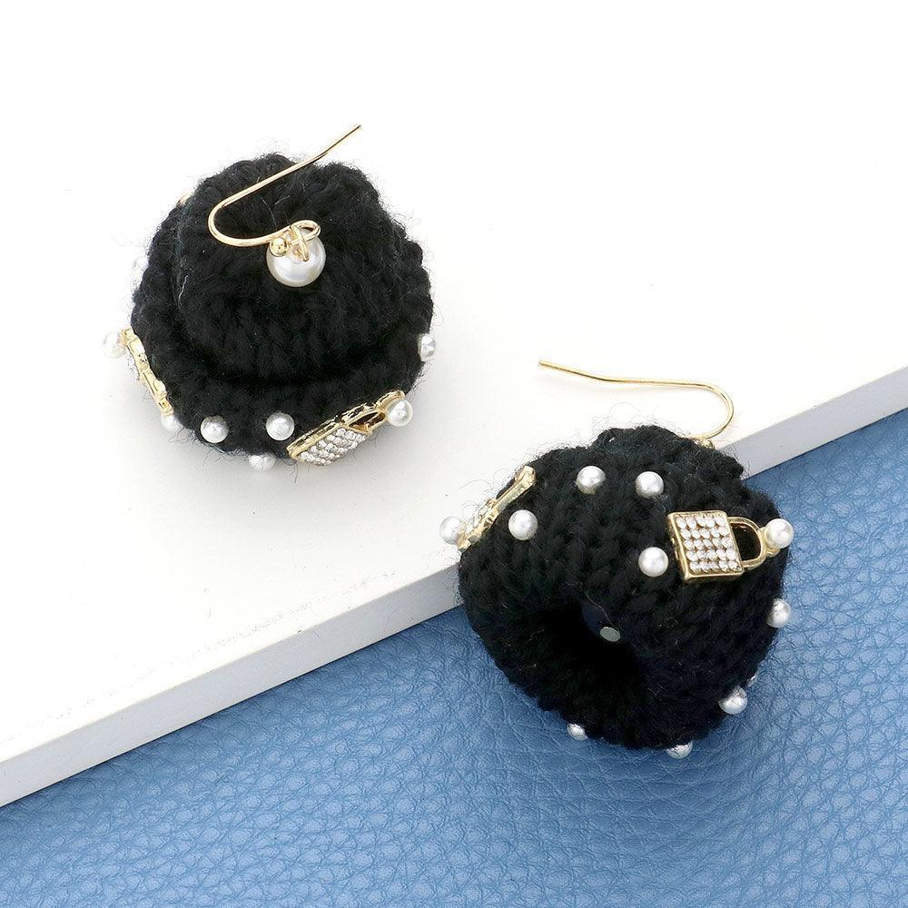 Black Pearl Key Lock Embellished Knit Beanie Hat Dangle Earrings - Jewelry Store by Erik Rayo