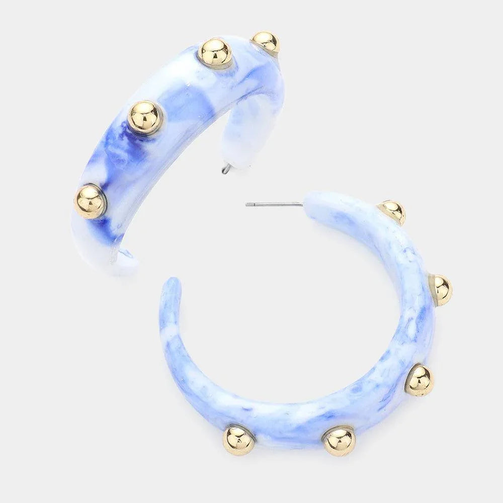 Blue Metal Ball Accented Resin Hoop Earrings - Jewelry Store by Erik Rayo