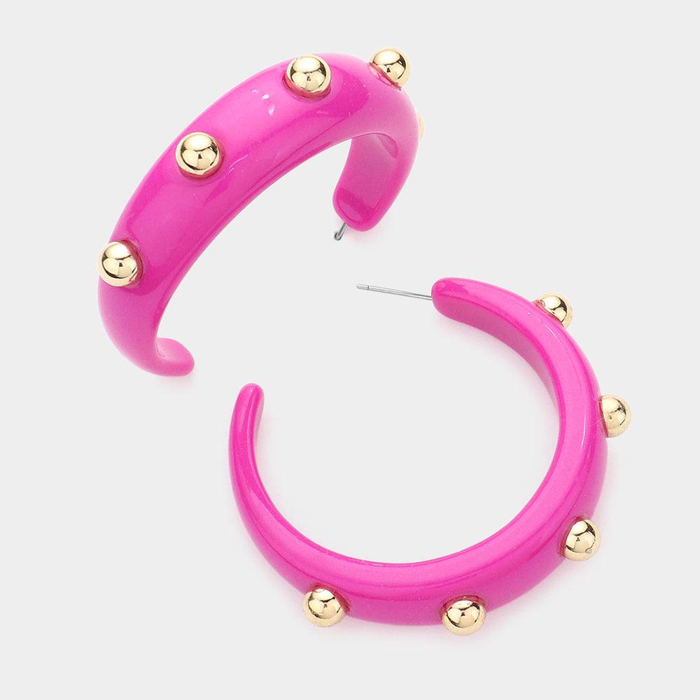 Pink Metal Ball Accented Resin Hoop Earrings