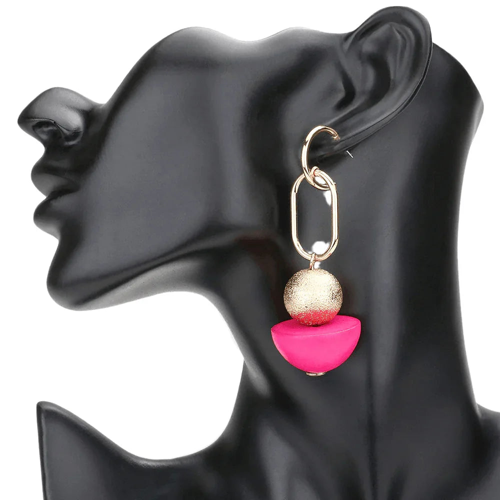 Fuchsia Geometric Open Metal Frosted Ball Wood Link Dangle Earrings - Jewelry Store by Erik Rayo