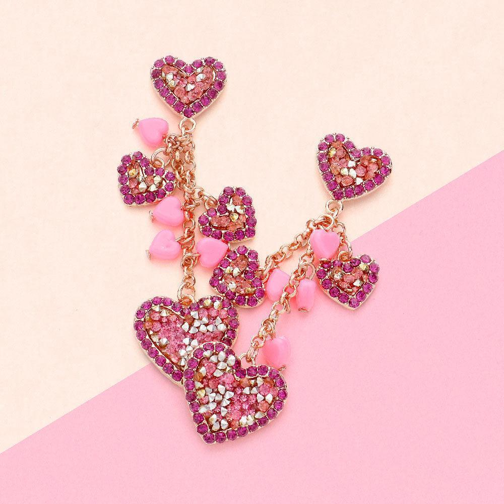 Pink Stone Beads Embellished Heart Cluster Link Dangle Earrings - Jewelry Store by Erik Rayo