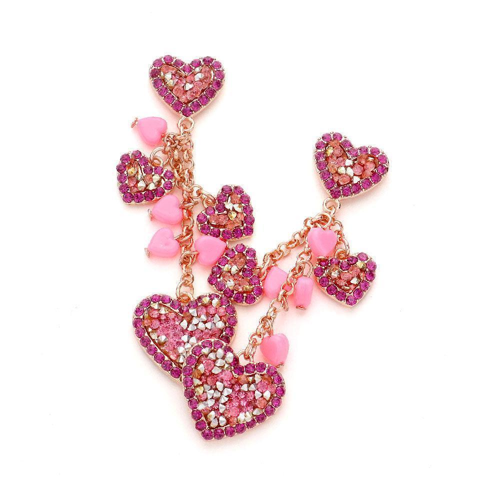 Pink Stone Beads Embellished Heart Cluster Link Dangle Earrings - Jewelry Store by Erik Rayo
