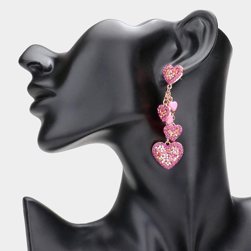 Pink Stone Beads Embellished Heart Cluster Link Dangle Earrings - Jewelry Store by Erik Rayo