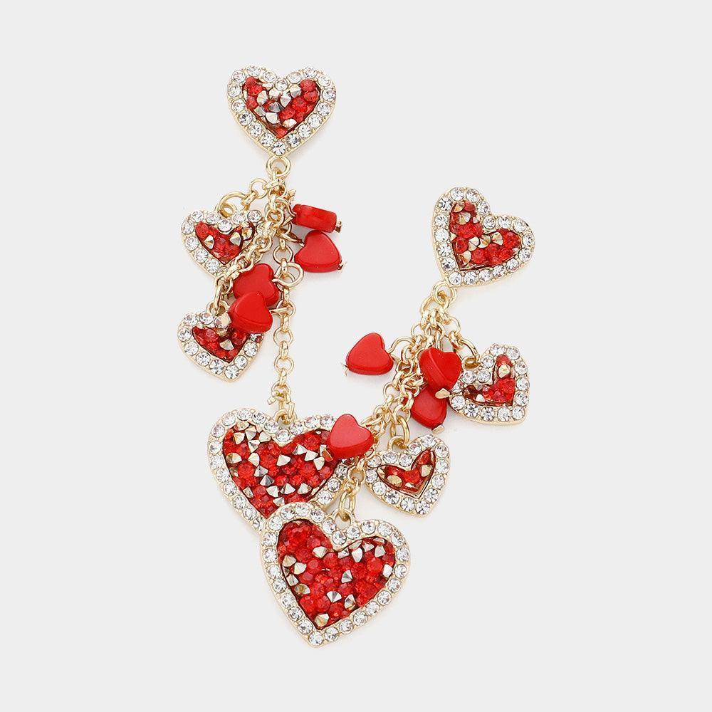 Red Stone Beads Embellished Heart Cluster Link Dangle Earrings - Jewelry Store by Erik Rayo