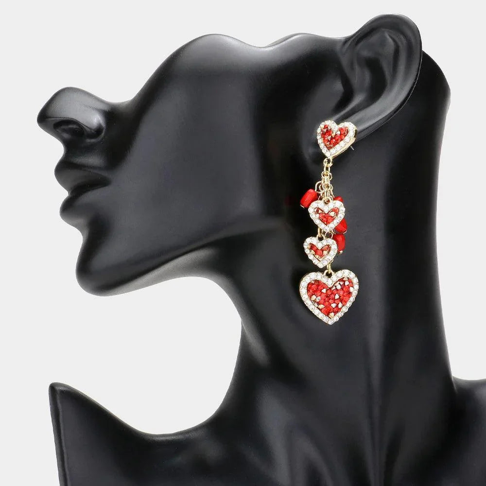 Red Stone Beads Embellished Heart Cluster Link Dangle Earrings - Jewelry Store by Erik Rayo