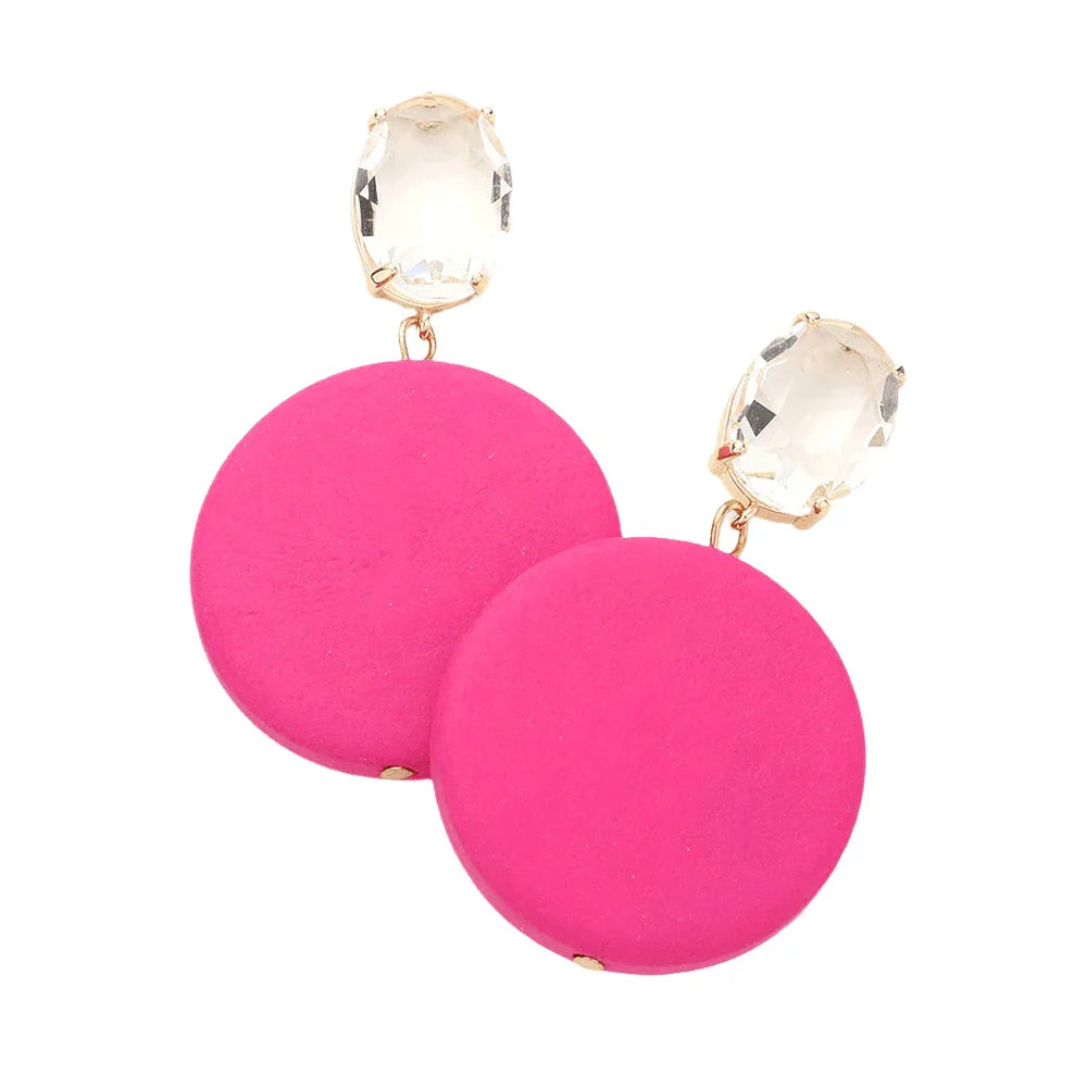 Fuchsia Oval Stone Round Wood Link Dangle Earrings - Jewelry Store by Erik Rayo