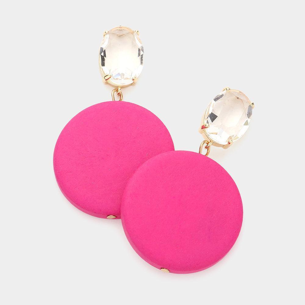 Fuchsia Oval Stone Round Wood Link Dangle Earrings - Jewelry Store by Erik Rayo