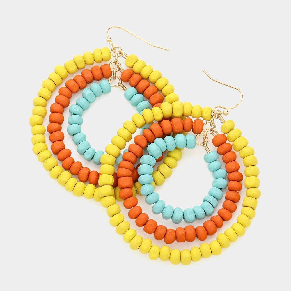 Yellow Wood Ball Cluster Triple Open Circle Link Dangle Earrings - Jewelry Store by Erik Rayo