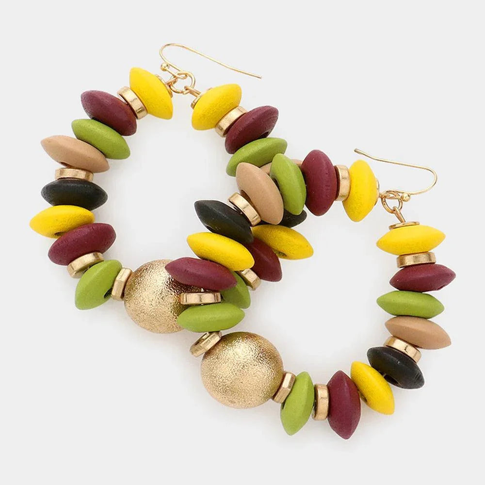Frosted Metal Ball Accented Wood Beaded Open Circle Dangle Earrings - Jewelry Store by Erik Rayo