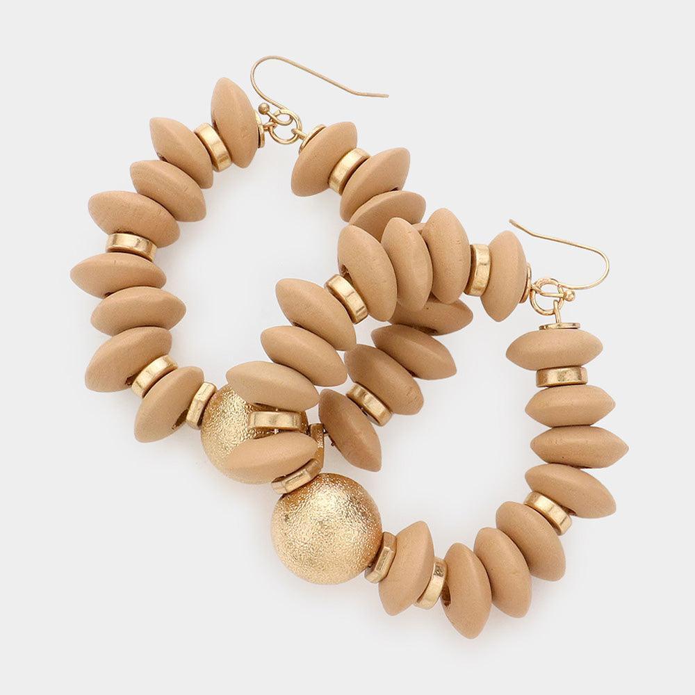 Frosted Metal Ball Accented Wood Beaded Open Circle Dangle Earrings - Jewelry Store by Erik Rayo