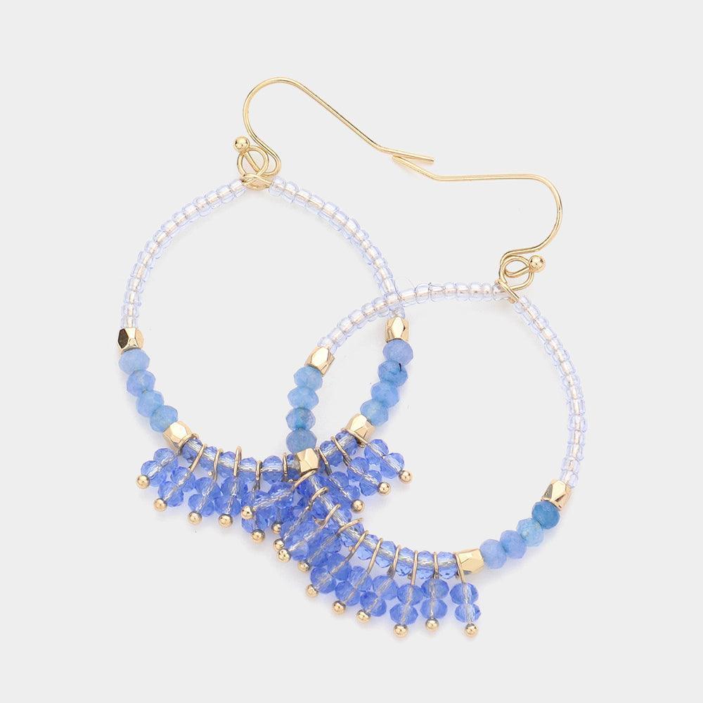 Blue Faceted Beaded Open Circle Tassel Dangle Earrings - Jewelry Store by Erik Rayo