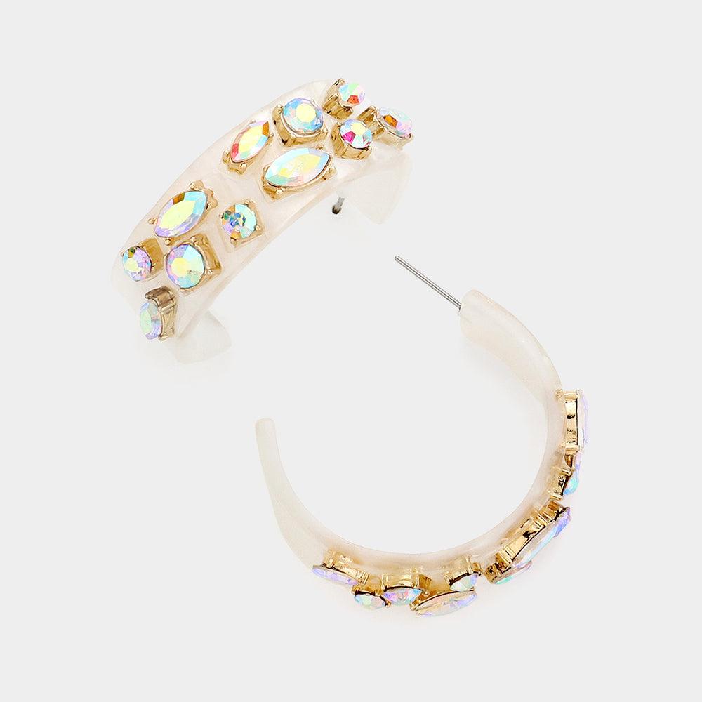 White Stone Cluster Embellished Resin Hoop Earrings