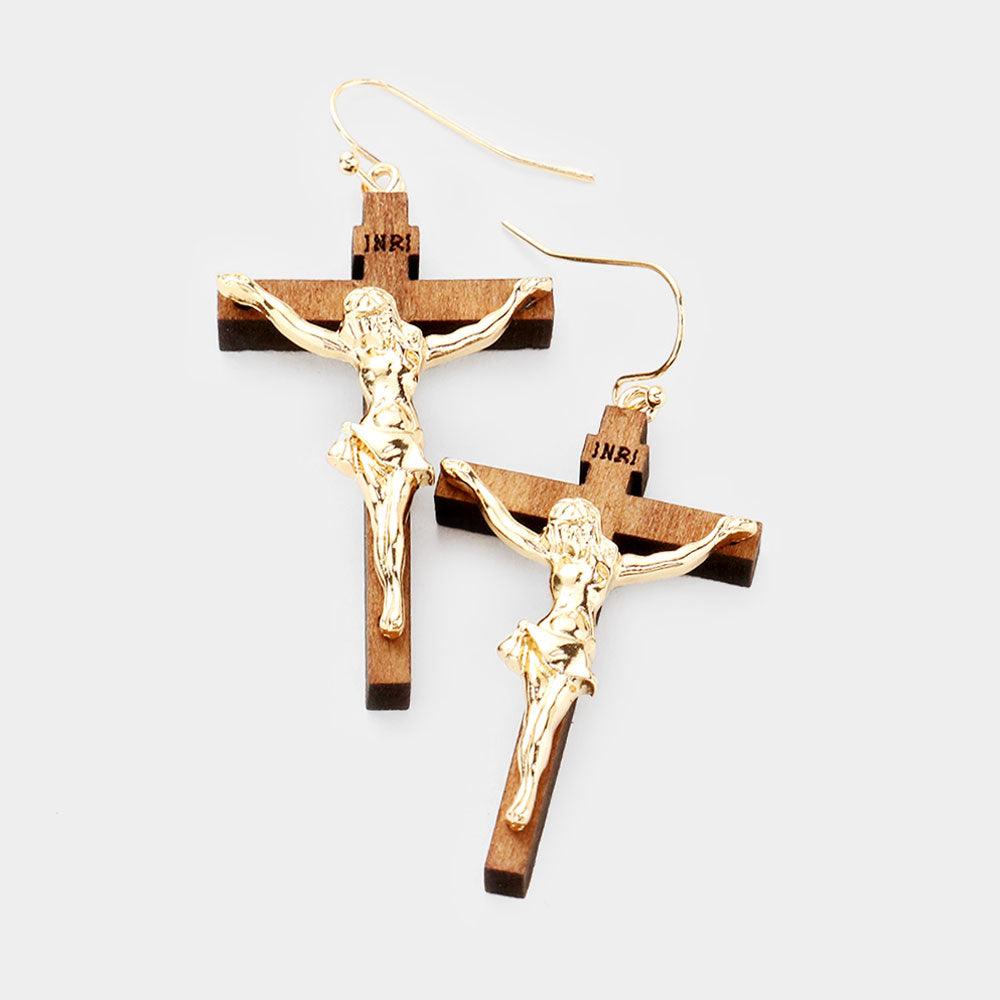 Gold Wood Metal Jesus Christ Cross Dangle Earrings