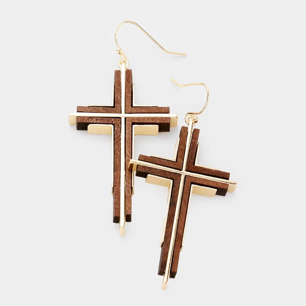 Gold Wood Metal Cross Dangle Earrings