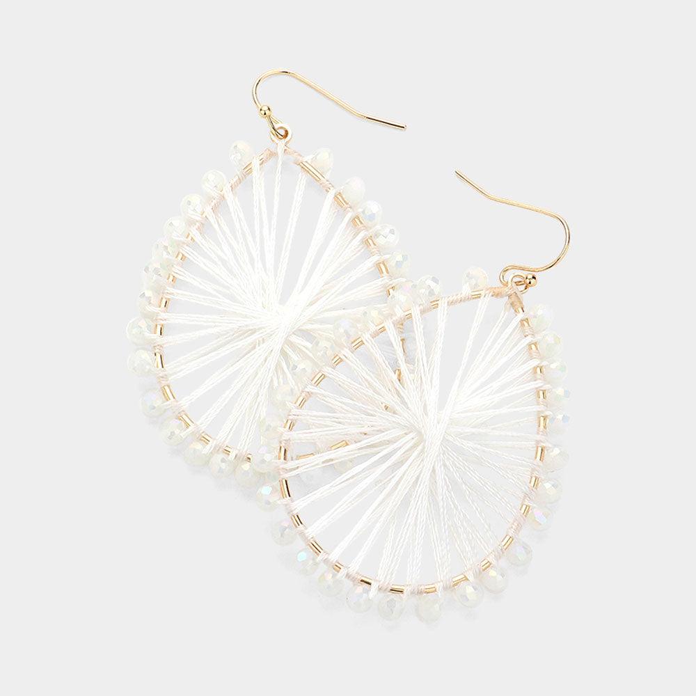 White Faceted Beaded Thread Wrapped Open Teardrop Dangle Earrings