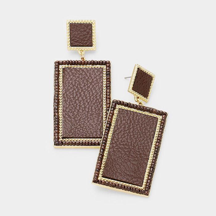 Gold Seed Beaded Trim Leather Rectangle Dangle Earrings - Jewelry Store by Erik Rayo