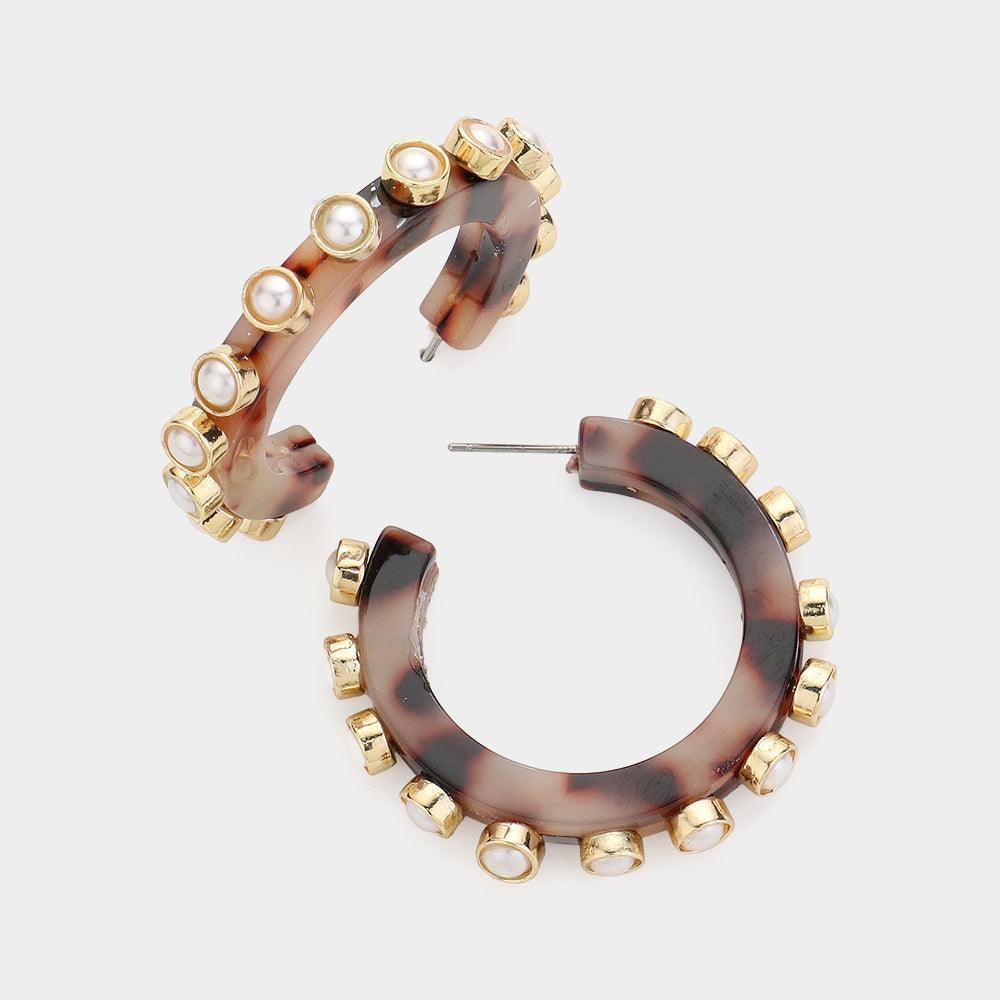 White Pearl Cluster Embellished Resin Hoop Earrings - Jewelry Store by Erik Rayo