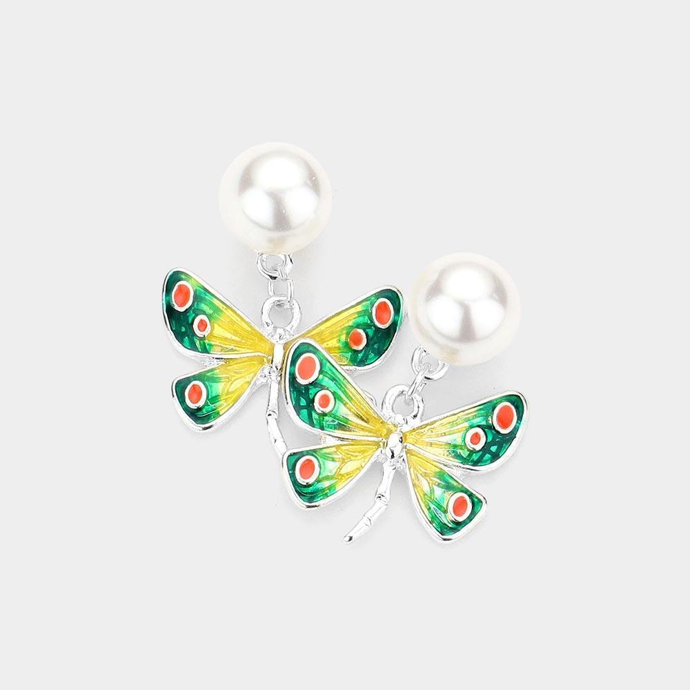 Silver Pearl Enamel Dragonfly Dangle Earrings - Jewelry Store by Erik Rayo