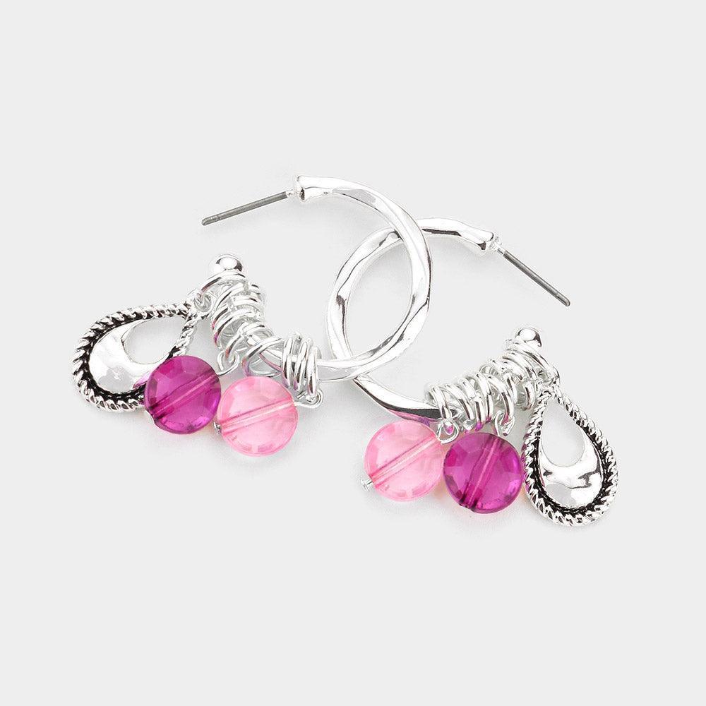 Pink Half Hoop Antique Teardrop Lucite Bead Dangle Earrings - Jewelry Store by Erik Rayo