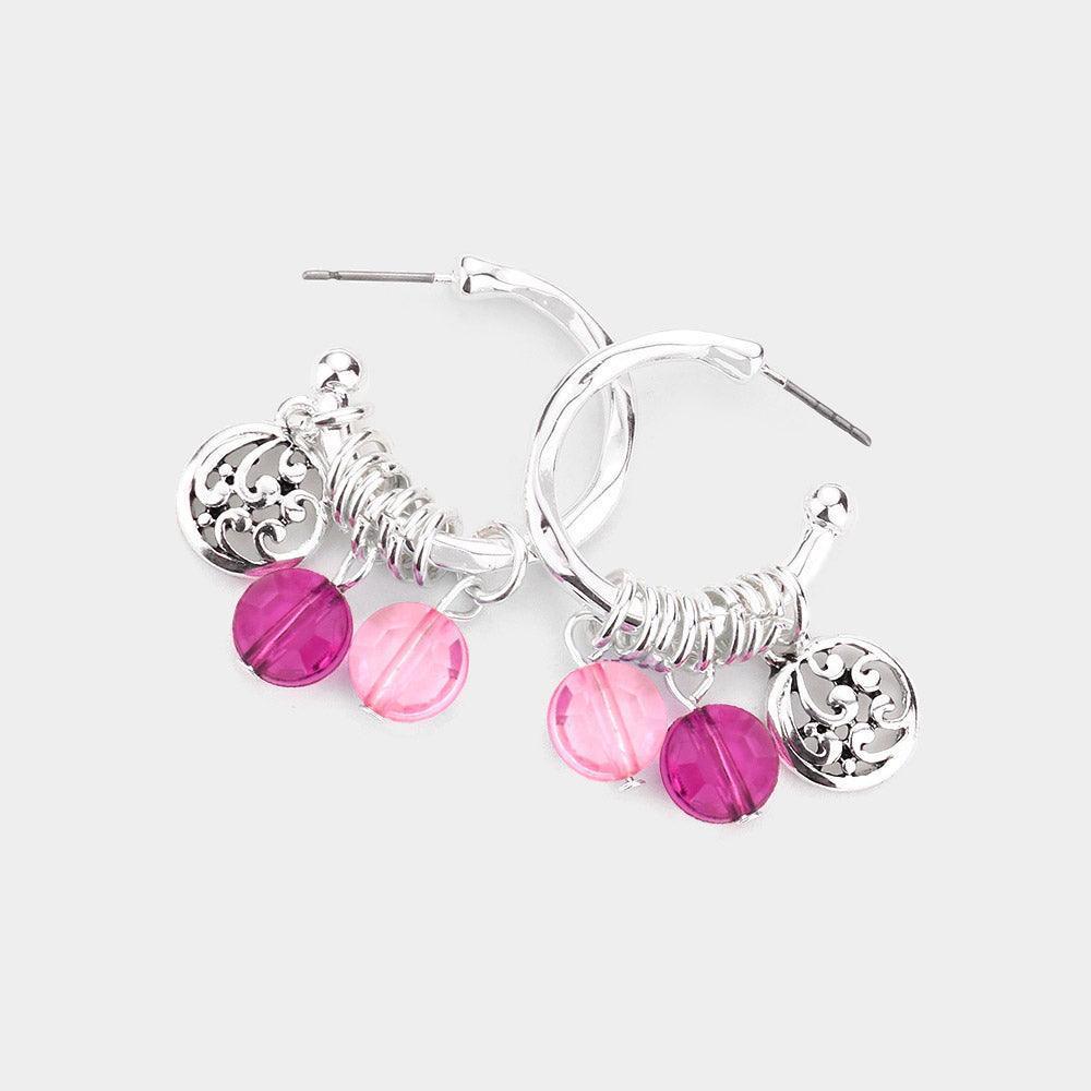 Pink Half Hoop Filigree Metal Round Lucite Bead Dangle Earrings - Jewelry Store by Erik Rayo