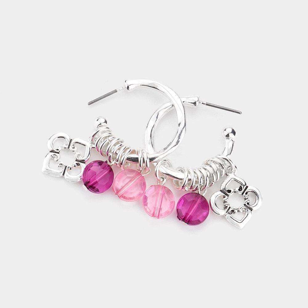 Pink Half Hoop Metal Quatrefoil Lucite Bead Dangle Earrings - Jewelry Store by Erik Rayo