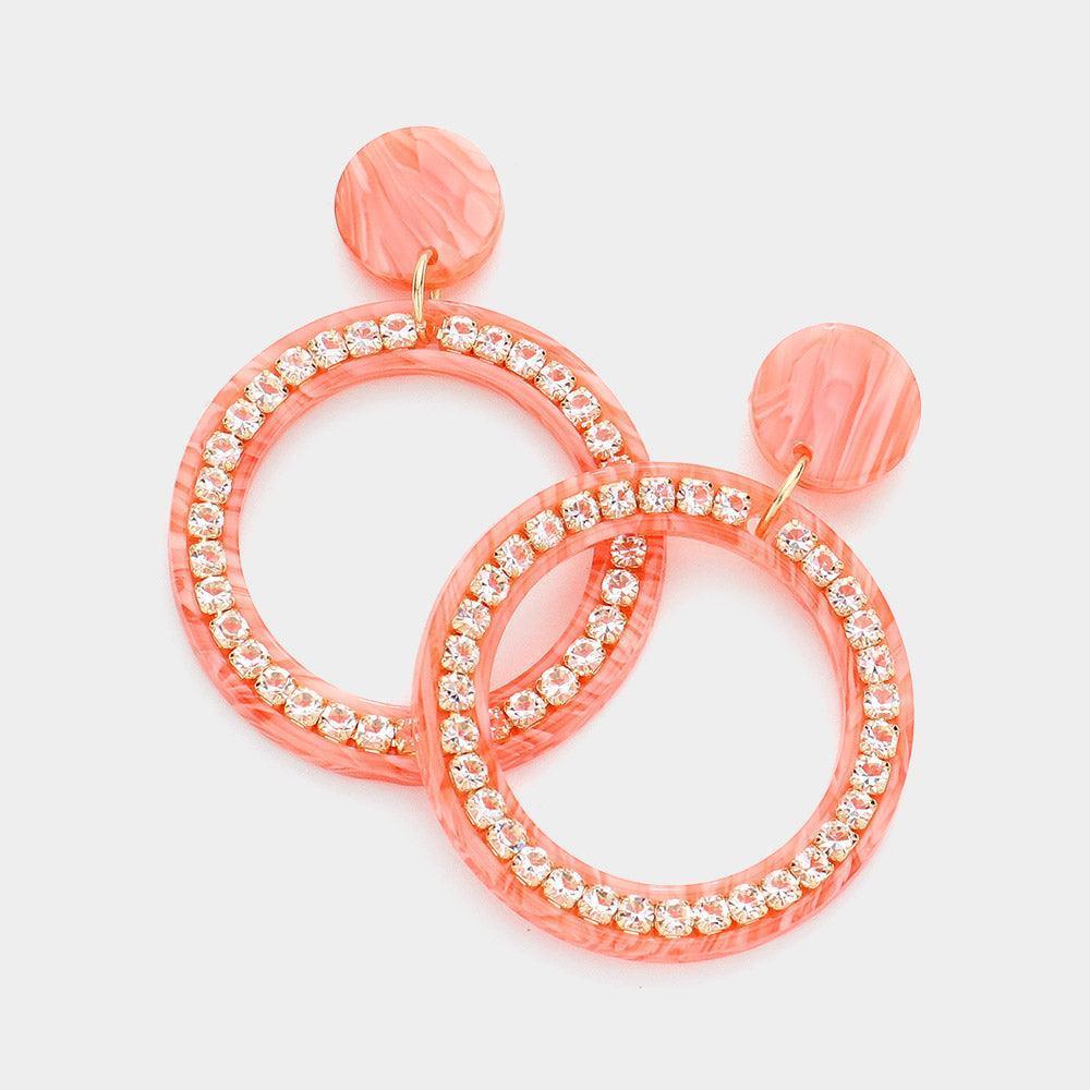 Coral Rhinestone Embellished Celluloid Acetate Open Circle Dangle Earrings - Jewelry Store by Erik Rayo