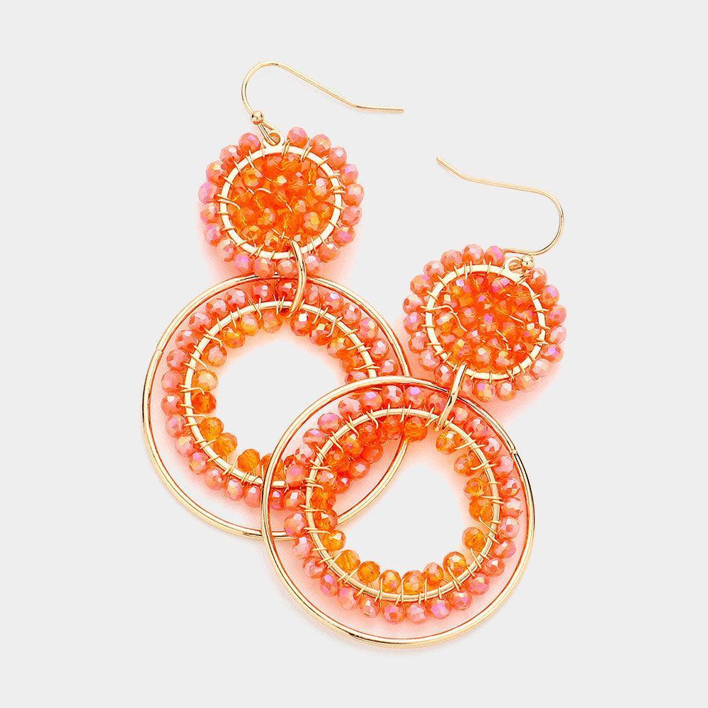 Coral Faceted Bead Wrapped Open Circle Link Dangle Earrings - Jewelry Store by Erik Rayo