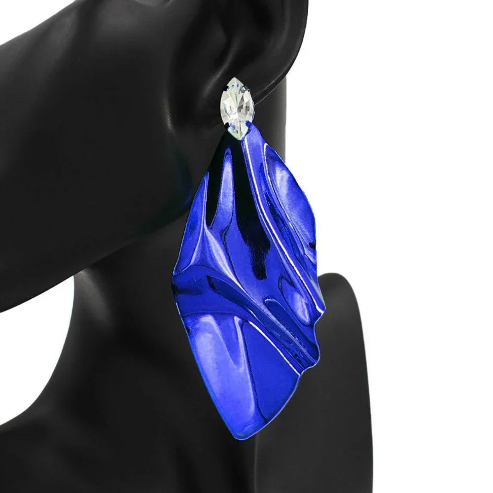 Blue Marquise Stone Pointed Crushed Abstract Metal Earrings - Jewelry Store by Erik Rayo