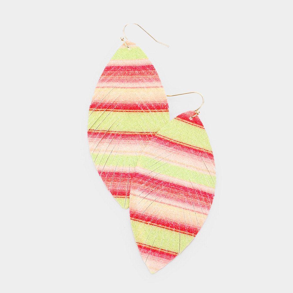 Yellow Striped Shimmery Faux Leather Cut Feather Drop Earrings - Jewelry Store by Erik Rayo