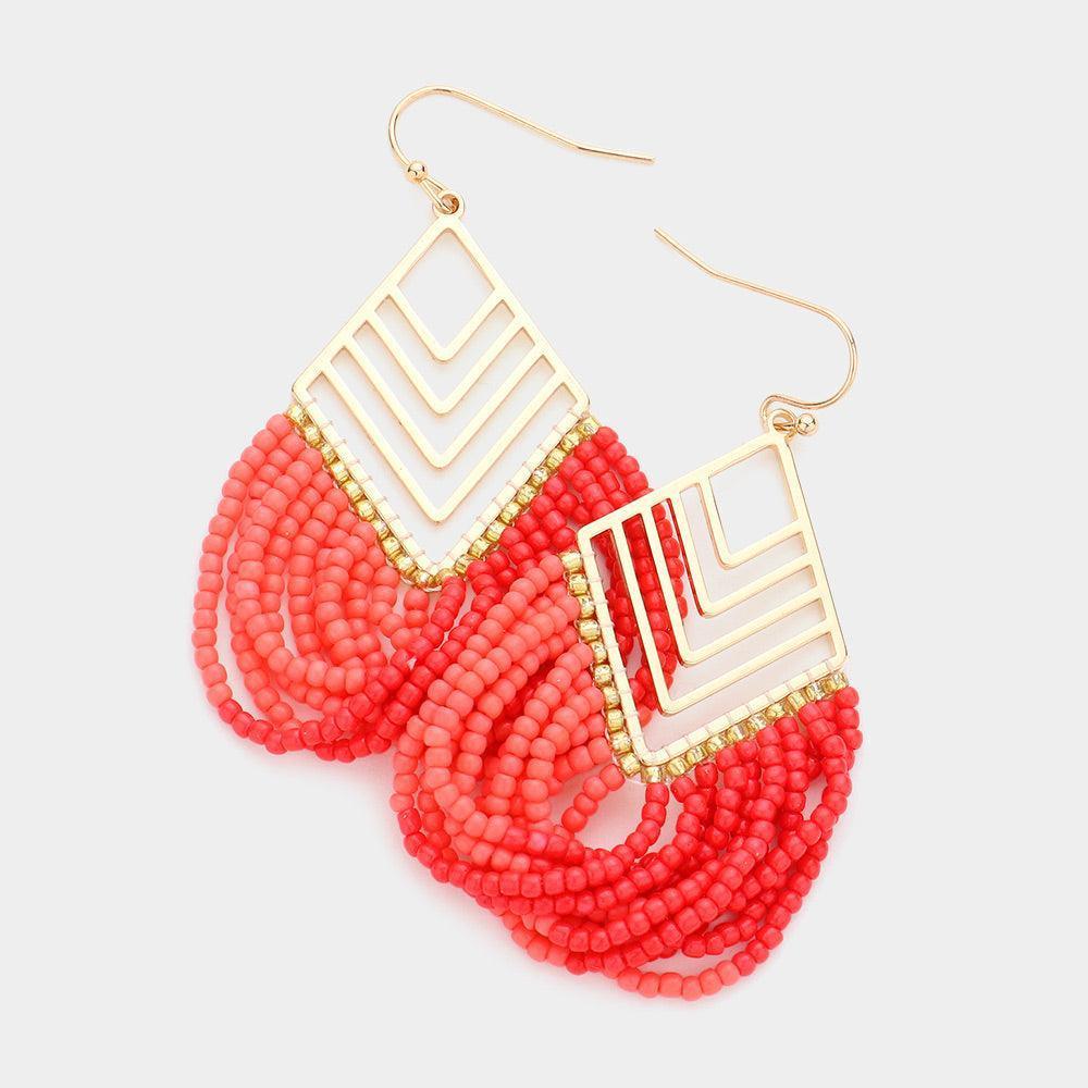 Coral Diamond Shaped Metal Seed Bead Wrapped Dangle Earrings - Jewelry Store by Erik Rayo