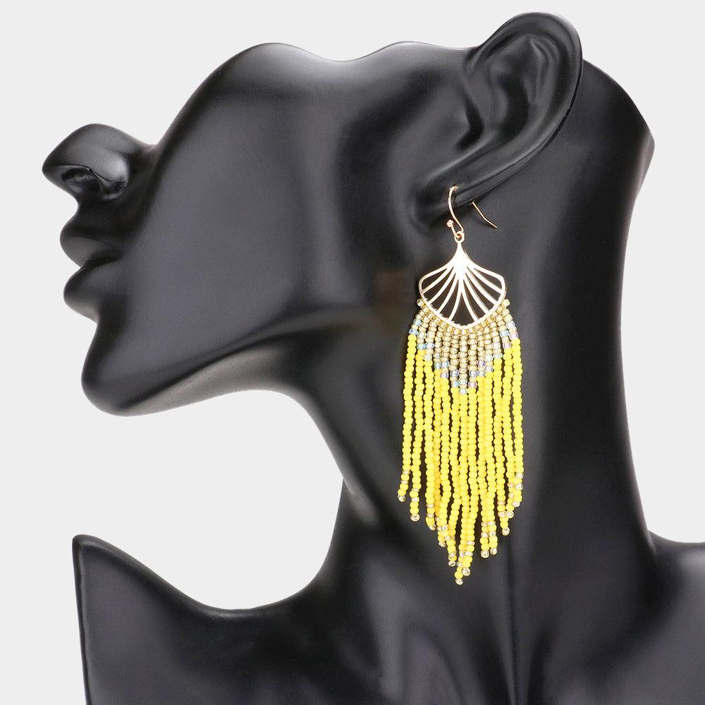 Yellow Ginkgo Leaf Seed Bead Fringe Dangle Earrings