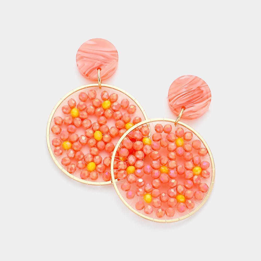 Coral Celluloid Acetate Faceted Bead Round Link Dangle Earrings - Jewelry Store by Erik Rayo