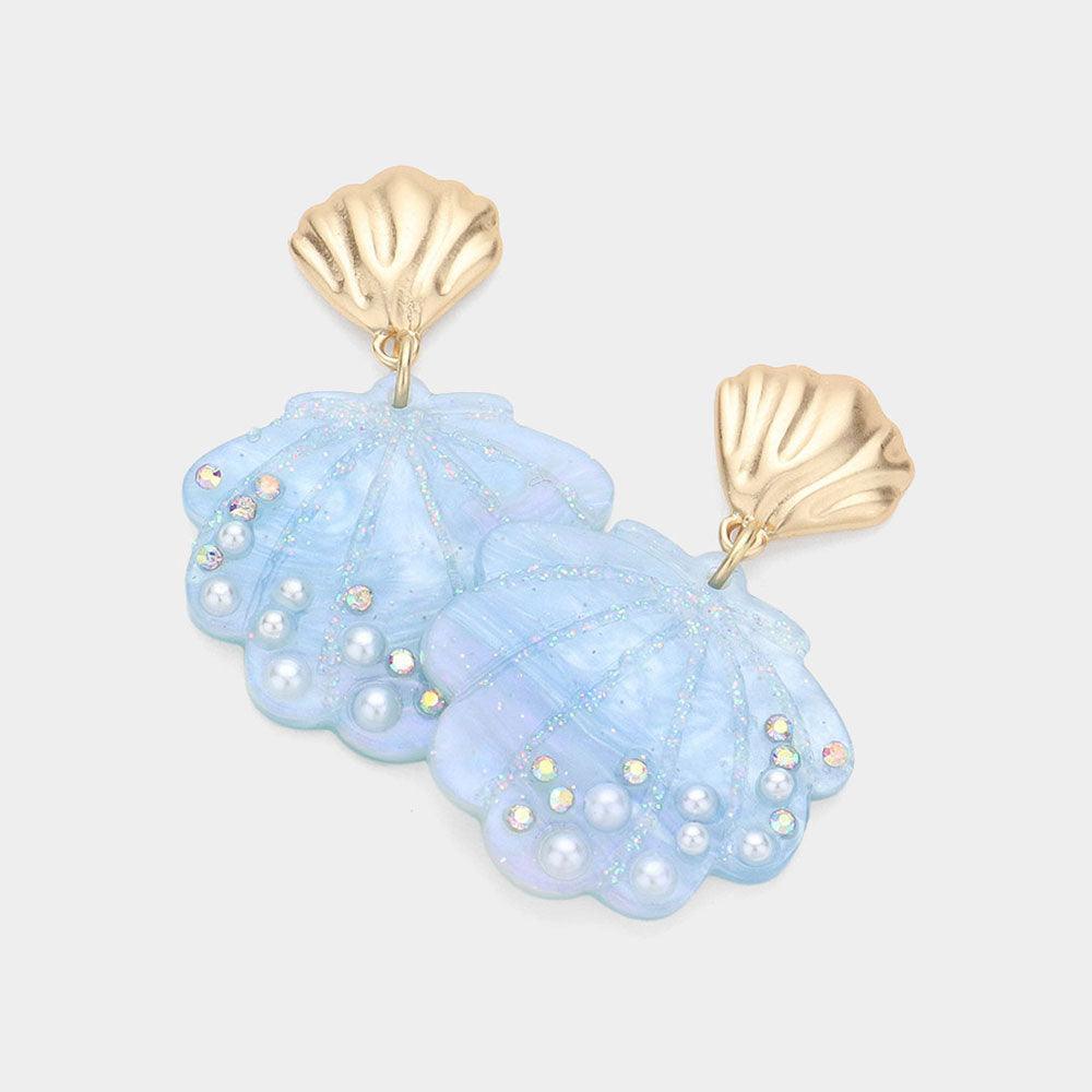 Blue Stone Embellished Resin Seashell Dangle Earrings - Jewelry Store by Erik Rayo