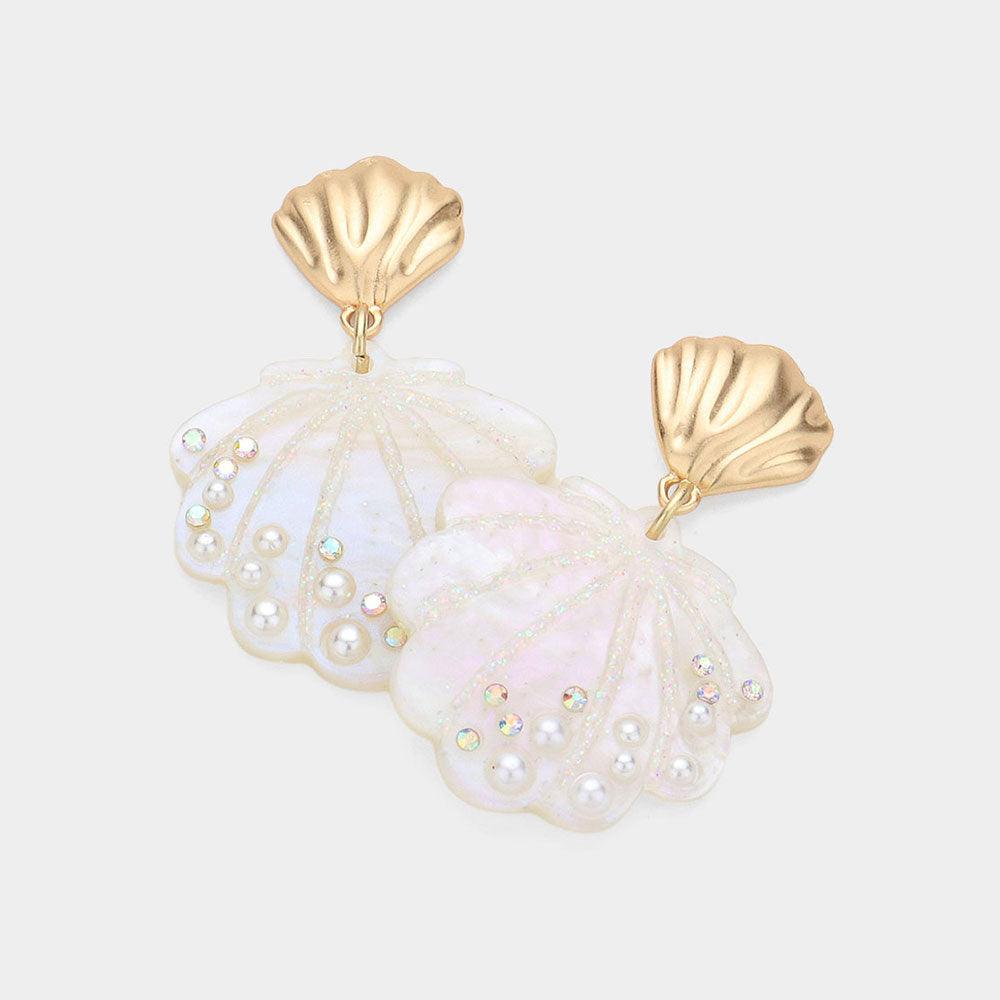 White Stone Embellished Resin Seashell Dangle Earrings