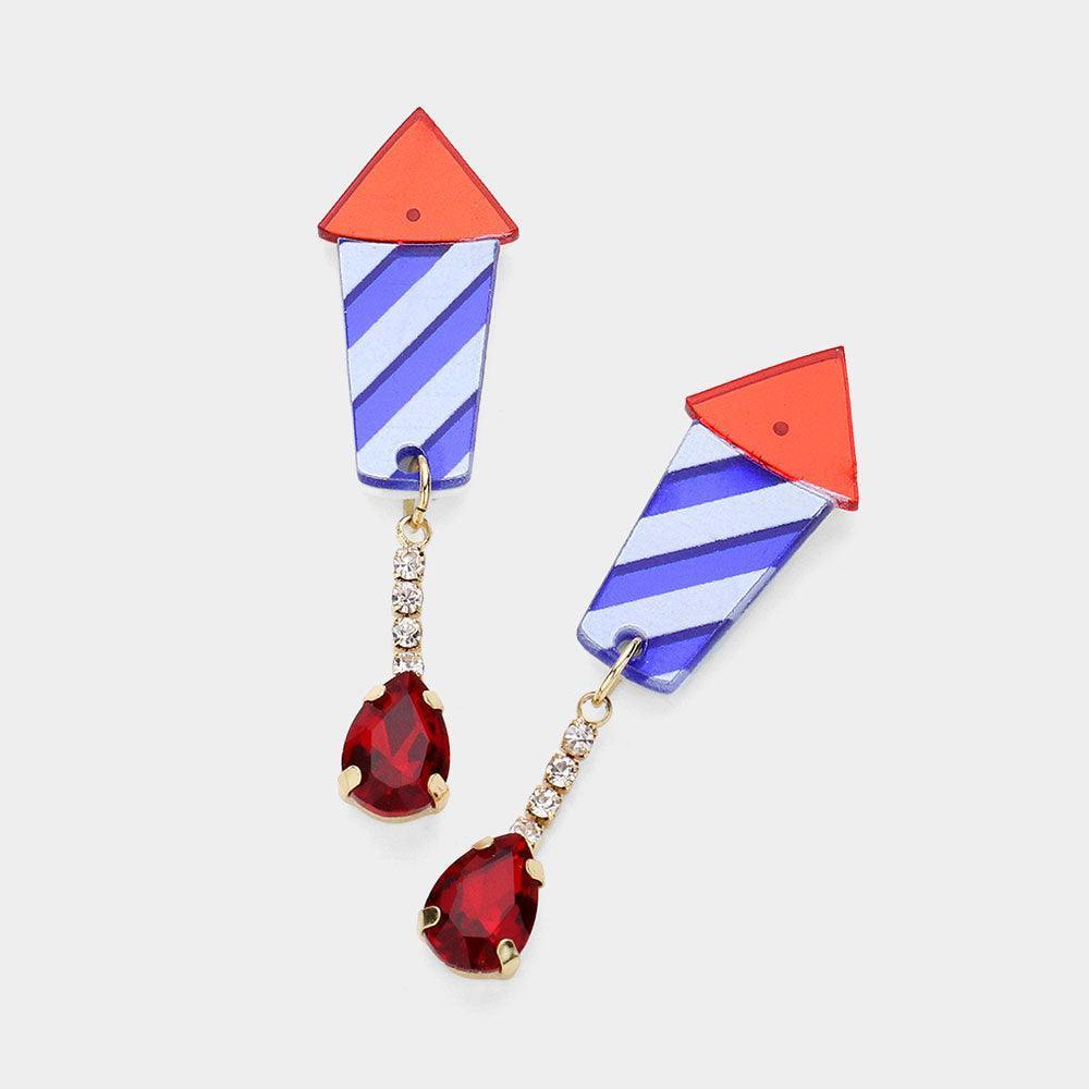 Resin American USA Flag Firework Teardrop Stone Cluster Dangle Earrings - Jewelry Store by Erik Rayo