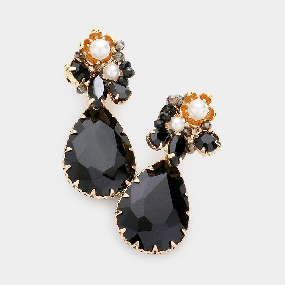 Black Pearl Centered Flower Teardrop Stone Link Dangle Earrings - Jewelry Store by Erik Rayo