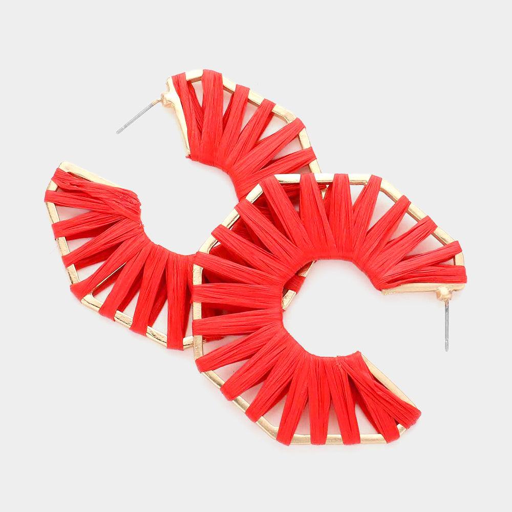 Red Raffia Wrapped Octagon Hoop Earrings