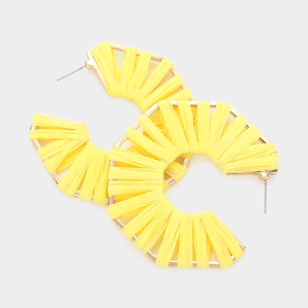 Yellow Raffia Wrapped Octagon Hoop Earrings